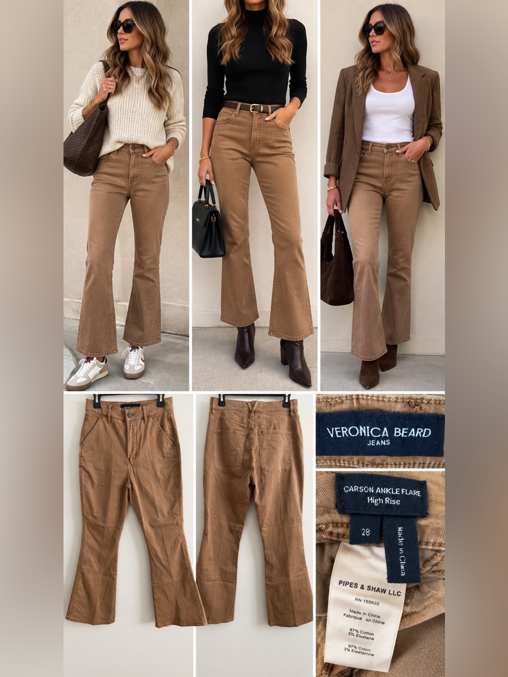 Veronica Beard Carson High Rise Ankle Flare Jeans Acorn Tan Size 28